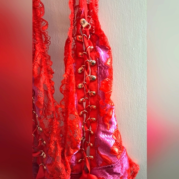 Lace-Up Red and Purple Lingerie Bodysuit - Picture 4 of 9